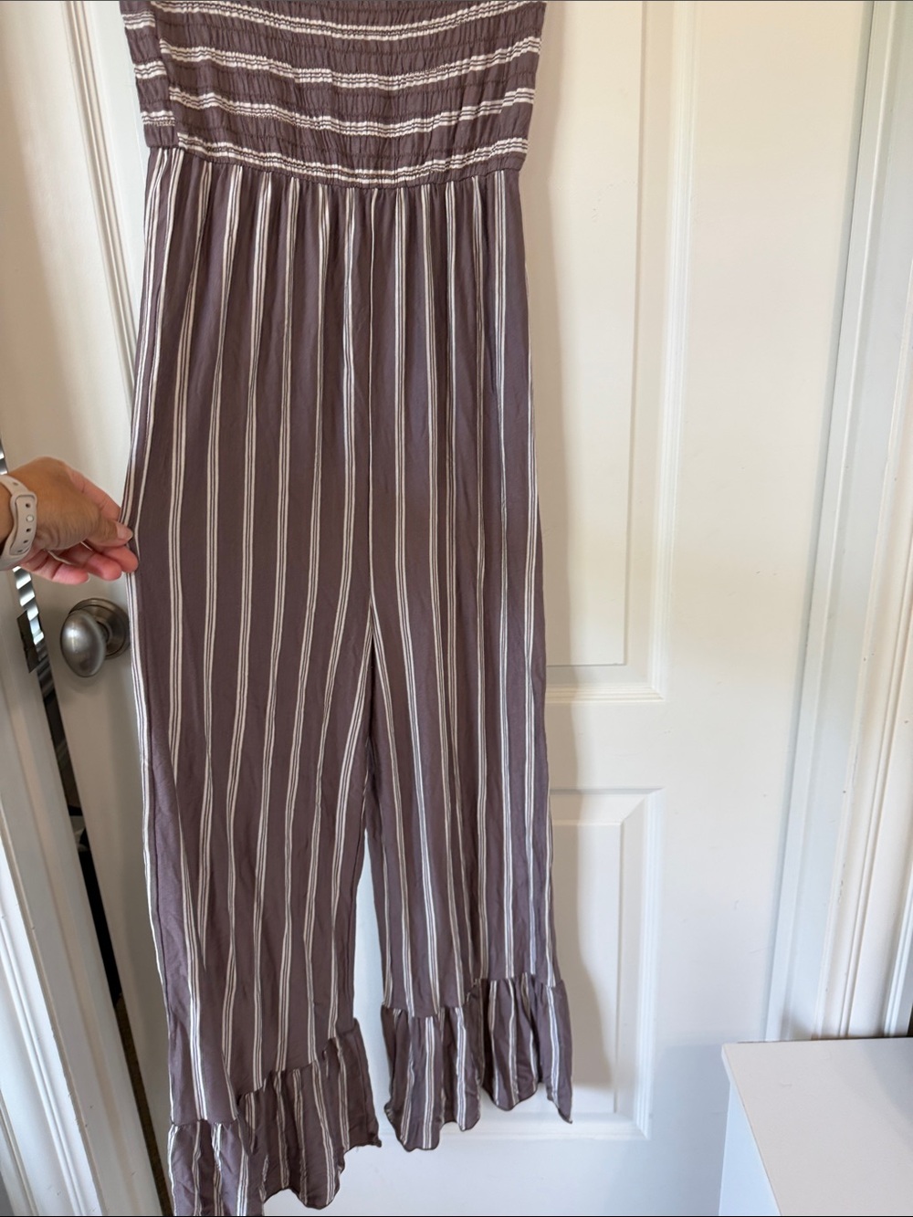 Altar'd State Mauve and White Striped Smocked Wide-Leg Jumpsuit
